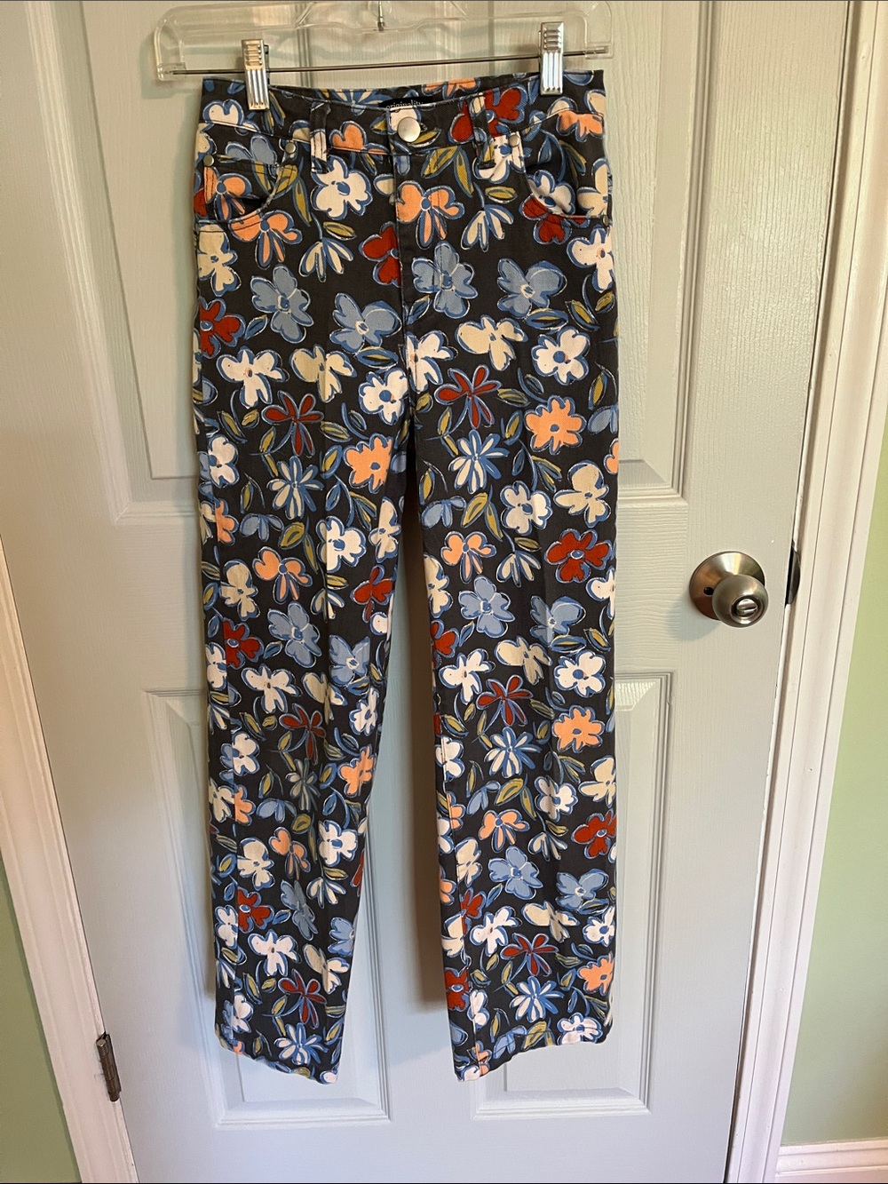Girls' Floral Pattern Stretch Jeans - Gray Multi
